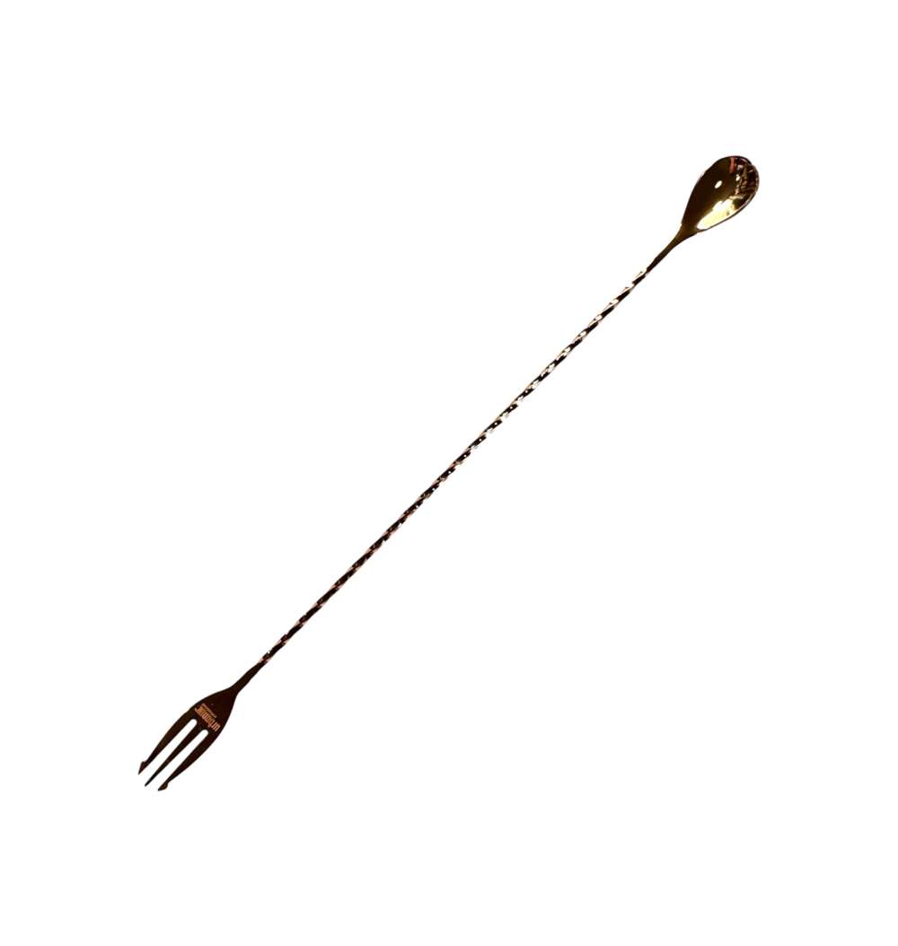 Copper Trident Bar Spoon 30 cm: Hochwertiger Bar-Löffel mit Trident-Gabel. Kupferbeschichteter Edelstahl, ergonomisch gedrehter Griff, ideal für professionelles und stilvolles Mixen. Nur Handwäsche empfohlen.
