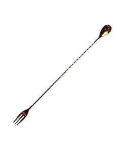 Copper Trident Bar Spoon 30 cm: Hochwertiger Bar-Löffel mit Trident-Gabel. Kupferbeschichteter Edelstahl, ergonomisch gedrehter Griff, ideal für professionelles und stilvolles Mixen. Nur Handwäsche empfohlen.