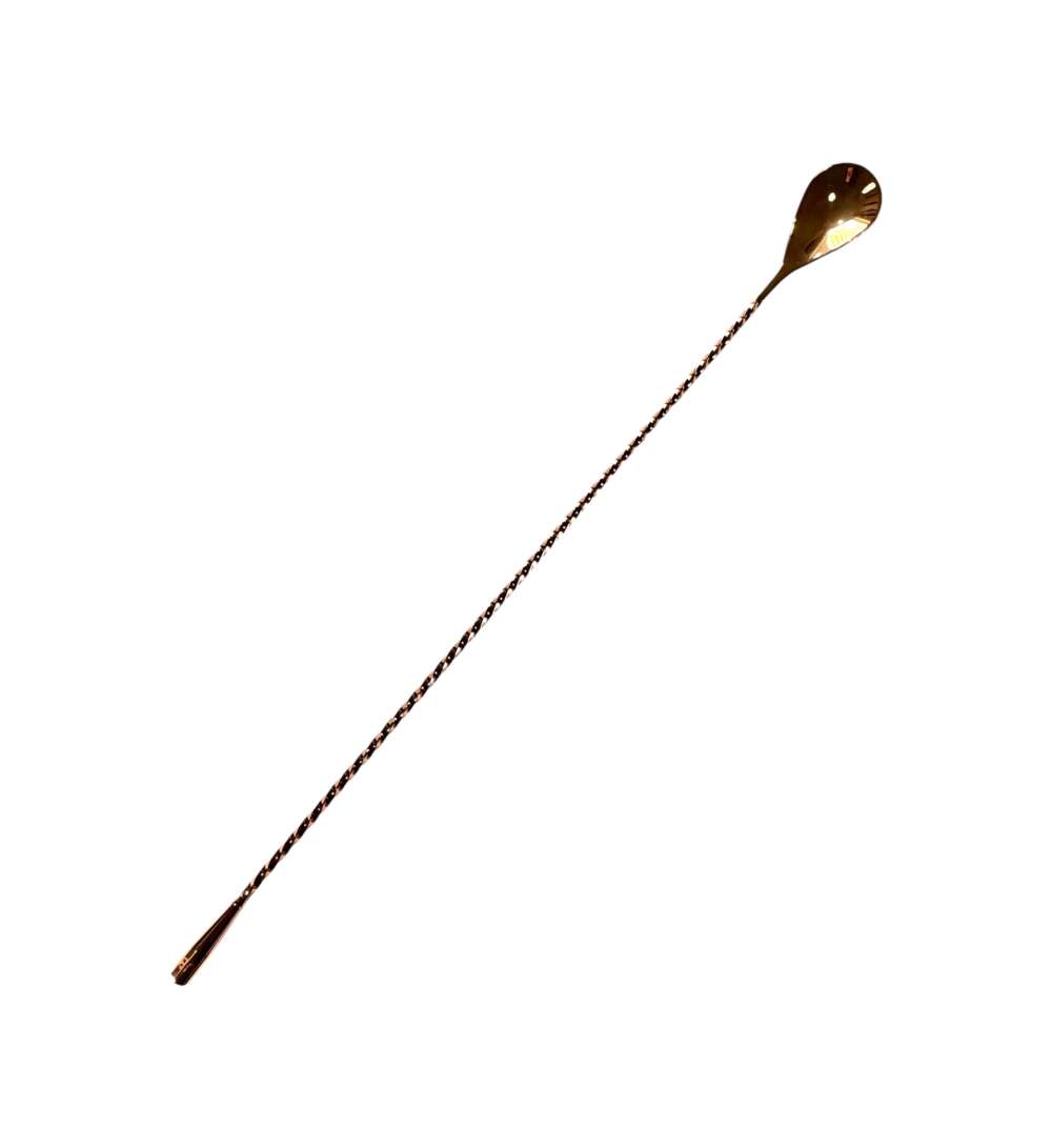 40 cm Teardrop Barspoon aus kupferplattiertem 18/8-Edelstahl. Gedrehter Schaft, 5 ml Löffelkopf – perfekt zum Schichten und Rühren von Cocktails.